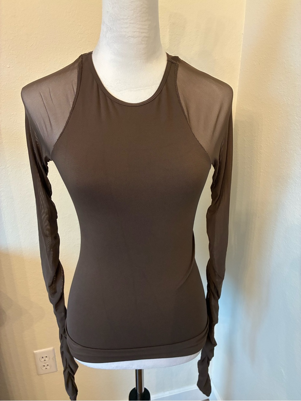 Free People Brown Sheer-Panel Long Sleeve Top